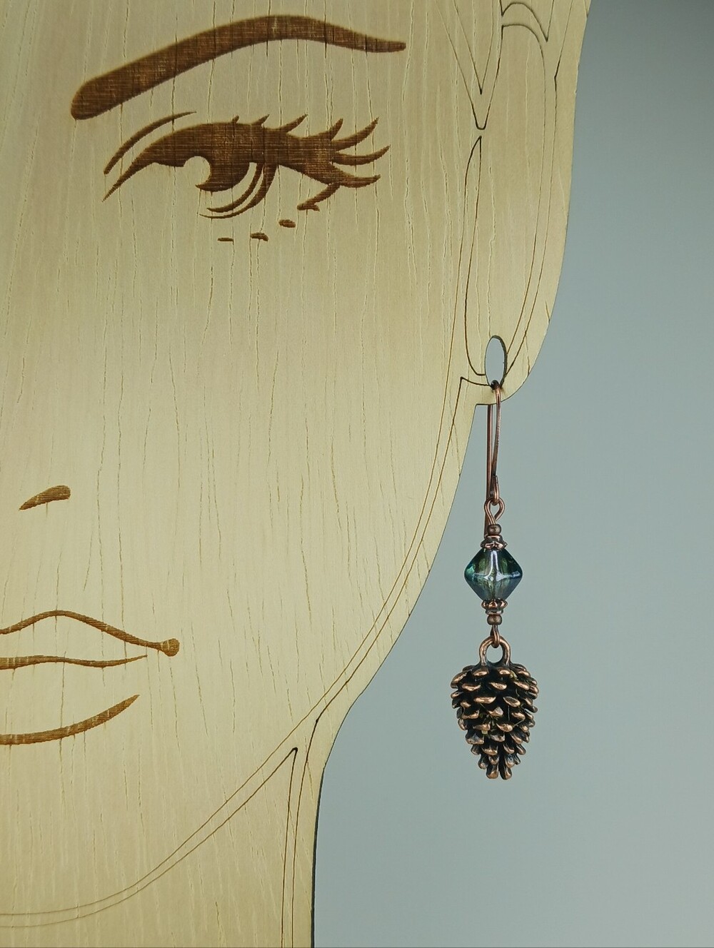 Copper Pinecone Earrings Teal Czech Glass Woodland Nature Jewelry Hand Crafted - Picture 5 of 6